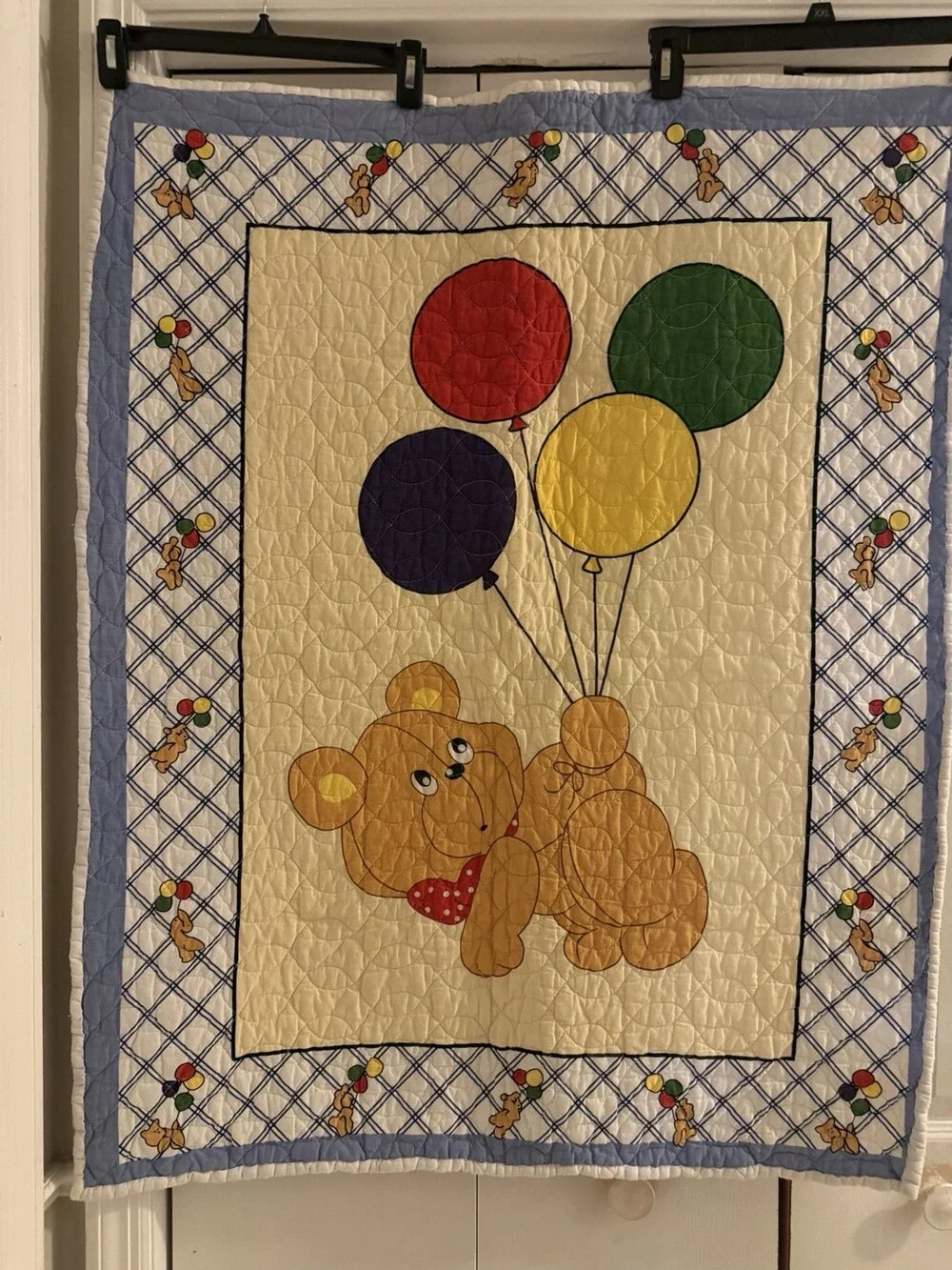 Vintage That’s Our Baby Quilt Baby Blanket Bear Balloons Crib 32x40 Vintage Blue